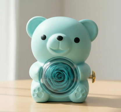 Rotating Bear with Real Rose & Heart Necklace Gift Box