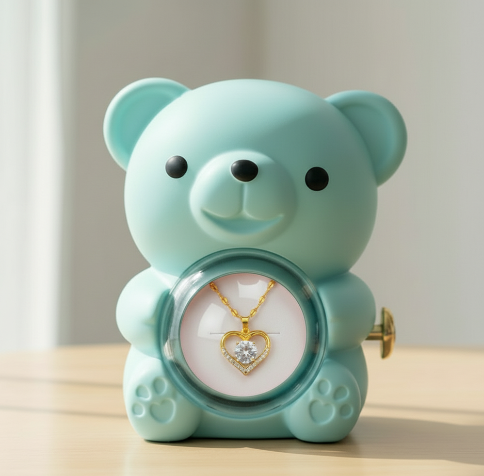 Rotating Bear with Real Rose & Heart Necklace Gift Box
