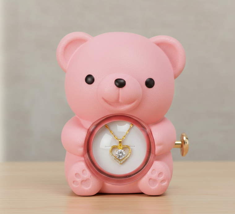 Rotating Bear with Real Rose & Heart Necklace Gift Box