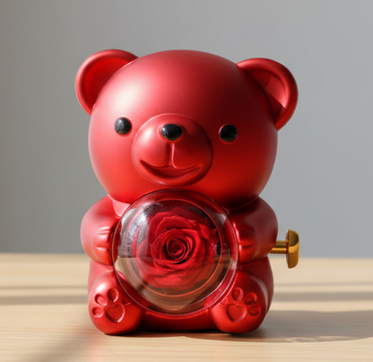 Rotating Bear with Real Rose & Heart Necklace Gift Box