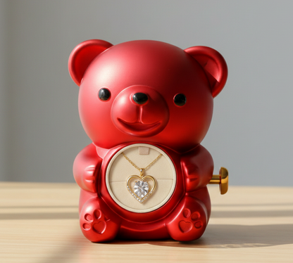 Rotating Bear with Real Rose & Heart Necklace Gift Box