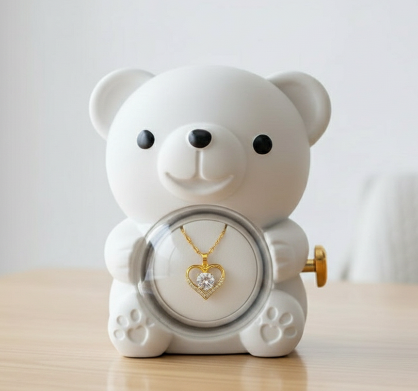 Rotating Bear with Real Rose & Heart Necklace Gift Box